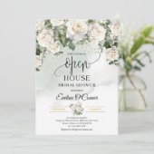 Boho Witte Rozen Groen en Goud Open Huis Kaart (Staand voorkant)