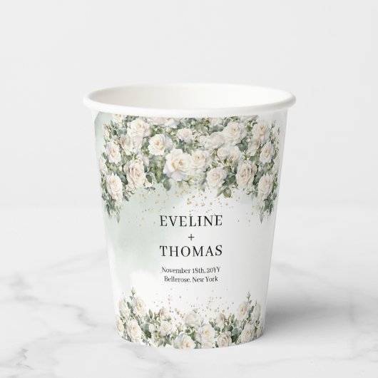 Boho Witte Rozen salie Groen en Gouden bruiloft Papieren Bekers (Achterkant)
