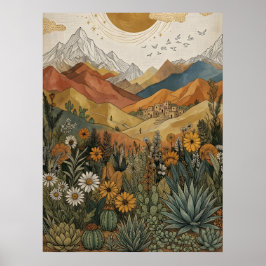 Boho Woestijn Berg Cactus Pueblo Zon Poster