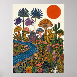 Boho Woestijn Folk Art Paddenstoel Cactus Rivier P Poster