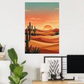 Boho woestijn zonsondergang duinen met cactus en v poster (Thuiskantoor)