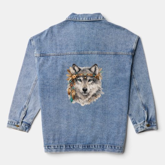 Boho Wolf Portrait Embroidered Look Zip Hoodie Denim Jacket (Achterkant)
