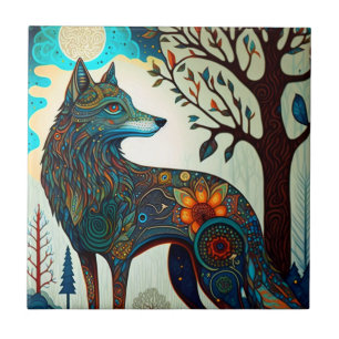 Boho Wolf Surreal Wildlife Art Ceramic Tegel Tegeltje
