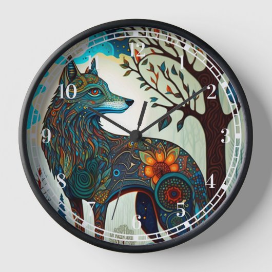 Boho Wolf Surreal Wildlife Art Clock (Voorkant)