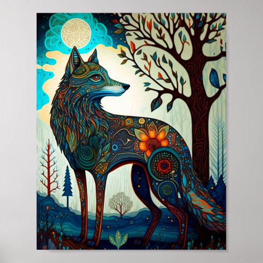 Boho Wolf Surreal Wildlife Art Poster (Voorkant)
