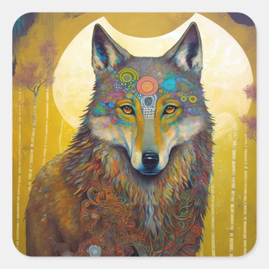 Boho Wolf Surreal Wildlife Art Vierkante Sticker (Voorkant)