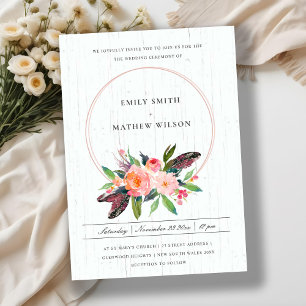 BOHO WOOD FEATHER BLUSH FLORAL WREATDING WEDDING KAART