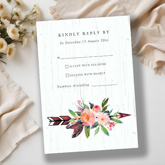 BOHO WOOD LAND BLUSH ARROW FLORAL WEDDING RSVP