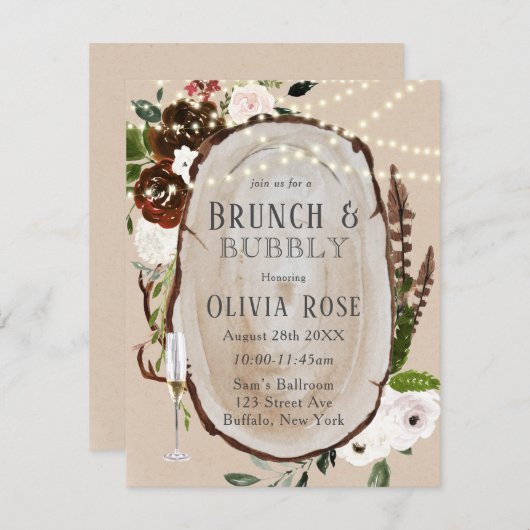 Boho Wood Slice Marsala Brunch & Bubble Invitation Kaart (Voorkant / Achterkant)
