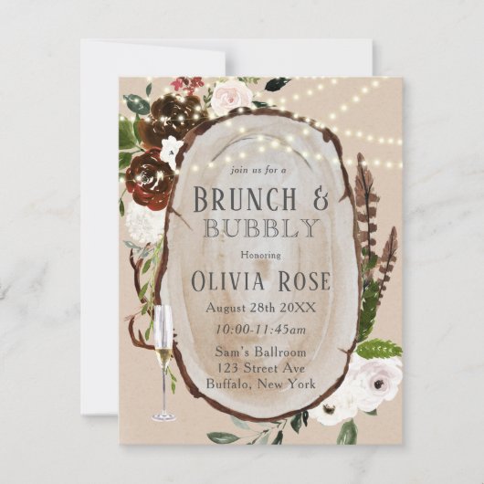 Boho Wood Slice Marsala Brunch & Bubbly Invitation (Devant)