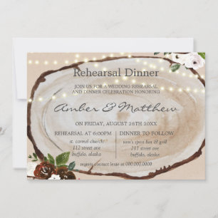 Boho Wood Slice Marsala Floral Rehearsal Dinner in Kaart