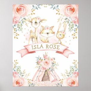 Boho Woodland Animal Blush Floral Monogram Nursery Poster