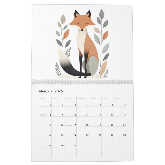 Boho Woodland Animals 2026 Calendrier 12 mois (Mar 2026)
