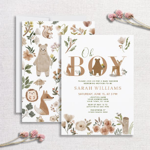 Boho Woodland Animals Brown Oh Boy Baby shower Kaart