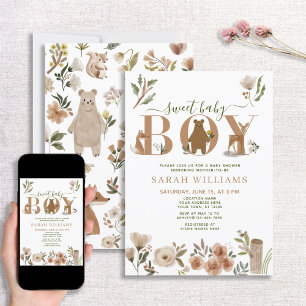 Boho Woodland Animals Sweet Baby Boy Baby shower Kaart