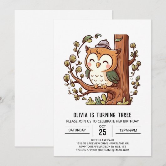 Boho Woodland Digitale Uil Verjaardag Kaart (Voorkant / Achterkant)