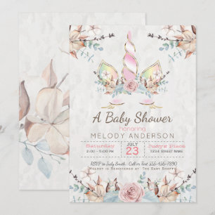 BOHO Woodland Floral Unicorn Baby shower Roze Kaart
