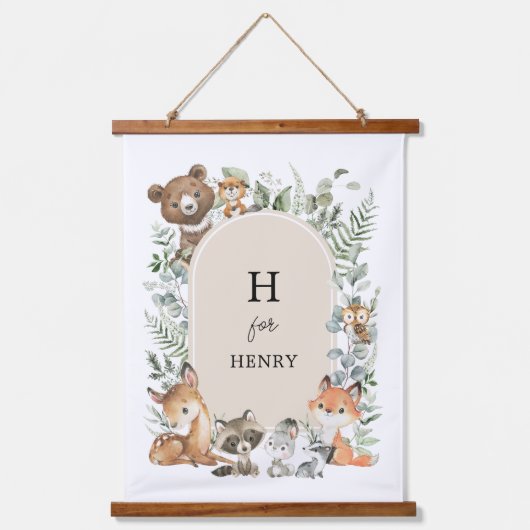 Boho Woodland Forest Animals Baby Monogram Hangend Wandkleed (Voorkant)