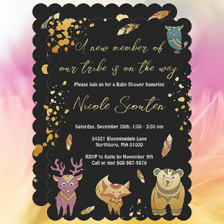 Boho Woodland Forest Animals Metallic Baby shower Kaart