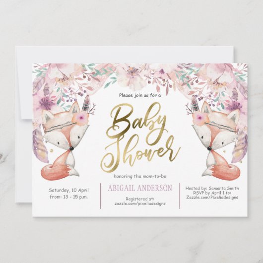 Boho, Woodland Fox, Floral, Baby Girl Shower Kaart (Voorkant)
