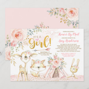 Boho Woodland Pink Gold Baby shower per post Kaart