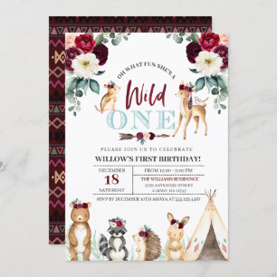 Boho Woodland Wild One First Birthday Invitation