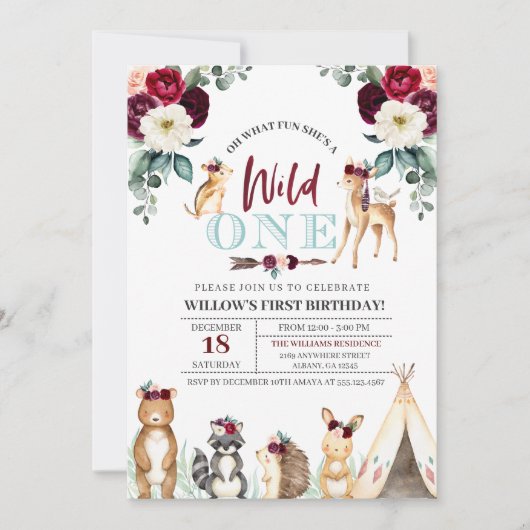 Boho Woodland Wild One First Birthday Invitation Kaart (Voorkant)