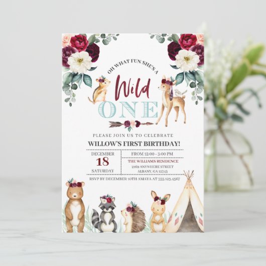 Boho Woodland Wild One First Birthday Invitation Kaart (Staand voorkant)