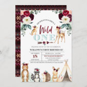 Boho Woodland Wild One First Birthday Invitation Kaart (Voorkant / Achterkant)