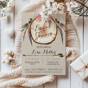 Boho WoodSlice Rustic Bridal Shower Invitation Kaart
