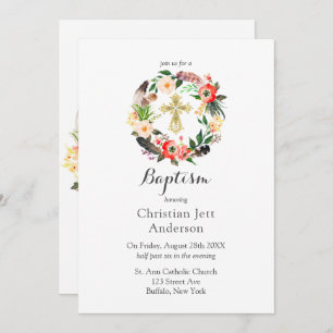 Boho Wreath Gold Cross Baptisme Invitation Kaart