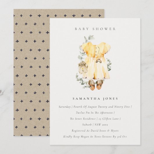 Boho Yellow Dress Foliage Girl Baby shower Invite Bedankkaart (Voorkant / Achterkant)
