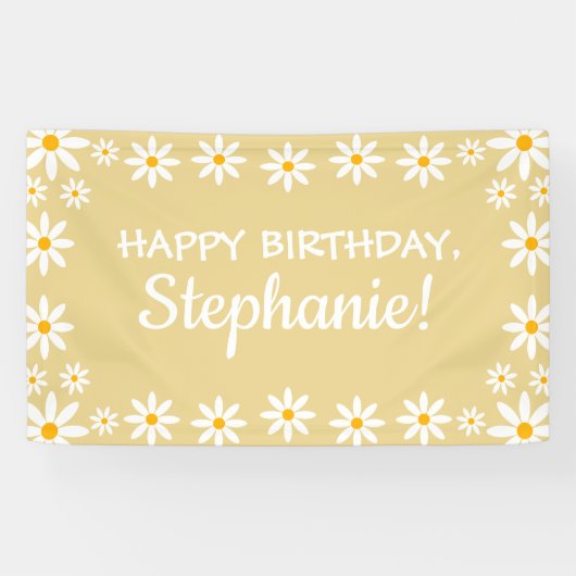 Boho Yellow Sand Retro Daisies Birthday Party Spandoek (Horizontaal)