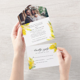 Boho Yellow Summer Wildflower Rustic Photo Wedding All In One Uitnodiging