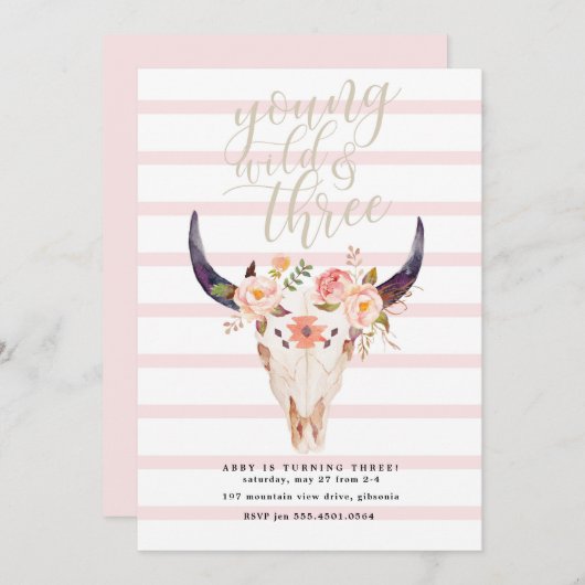 Boho Young Wild and Three Birthday Invitation (Devant / Derrière)