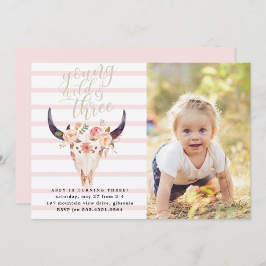 Boho Young Wild and Three Birthday Invitation (Devant / Derrière)