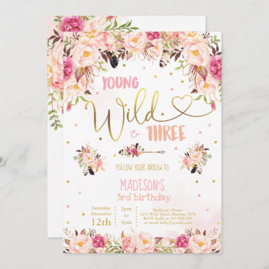 Boho Young Wild and Three Birthday Invitation Kaart (Voorkant / Achterkant)