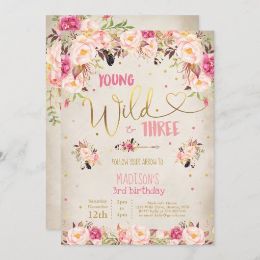 Boho Young Wild Et Invitation À Trois Anniversaire (Devant / Derrière)