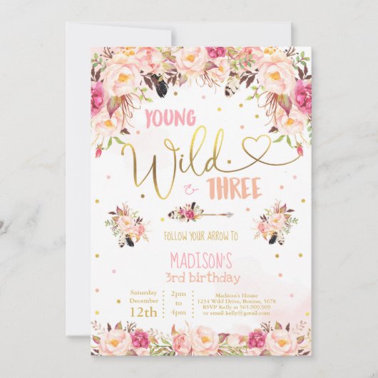 Boho Young Wild Et Trois Invitation Anniversaire (Devant)