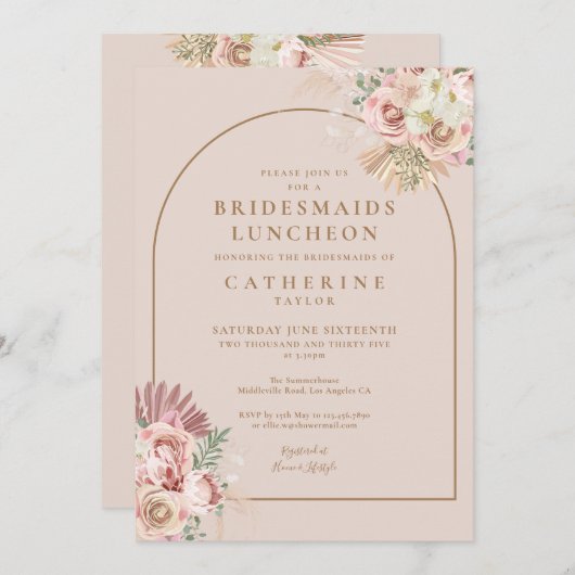 Boho Zacht Roze Pampas Gras Bruidsmeisjes Luncheon Kaart (Voorkant / Achterkant)