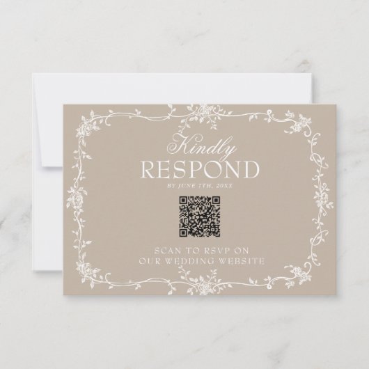 Boho Zachte Taupe Bloem QR Code Botanische Bruilof RSVP Kaartje (Voorkant)