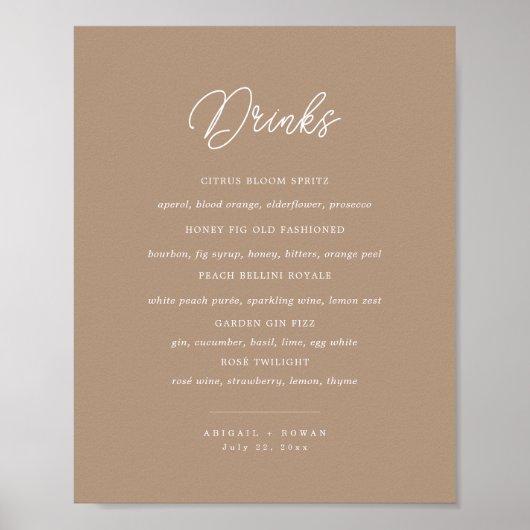 Boho Zand Minimalistische Script Bruiloft Bar Menu Poster (Voorkant)