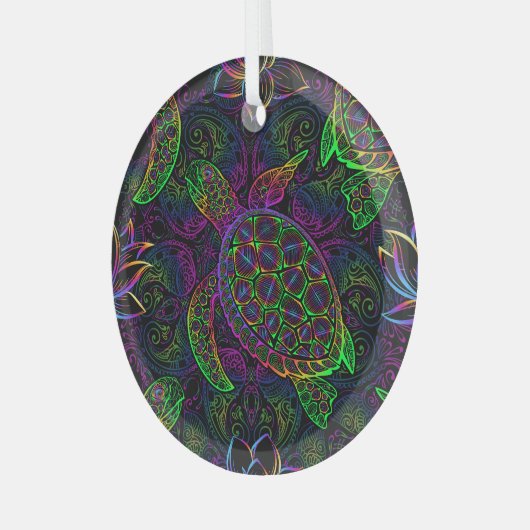 Boho Zee Schildpad: psychedelisch Mandala-patroon Glas Ornament (Voorkant links)