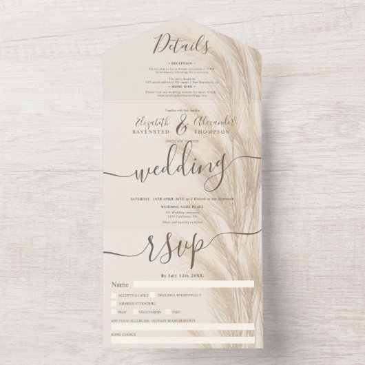 Boho zomer pampas gras waterverf bruiloft  all in one uitnodiging (Binnen)