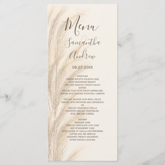 Boho zomerpampas waterverf bruiloft menu (Voorkant)