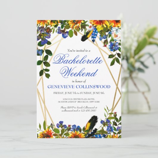 Boho Zonnebloem Blauwe Bachelorette Weekend Itiner Kaart (Staand voorkant)