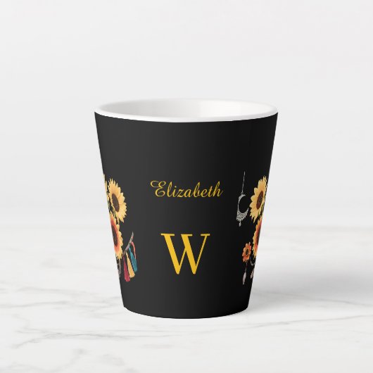 Boho Zonnebloem Custom Naam Bloemen Gift Zwart Latte Mok (Voorkant)