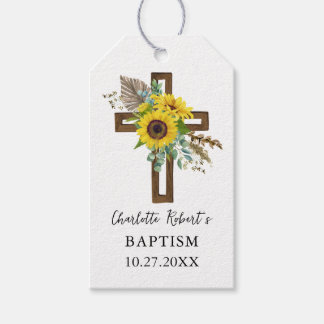Boho Zonnebloem & Eucalyptus Rustic Kruis Doop Cadeaulabel