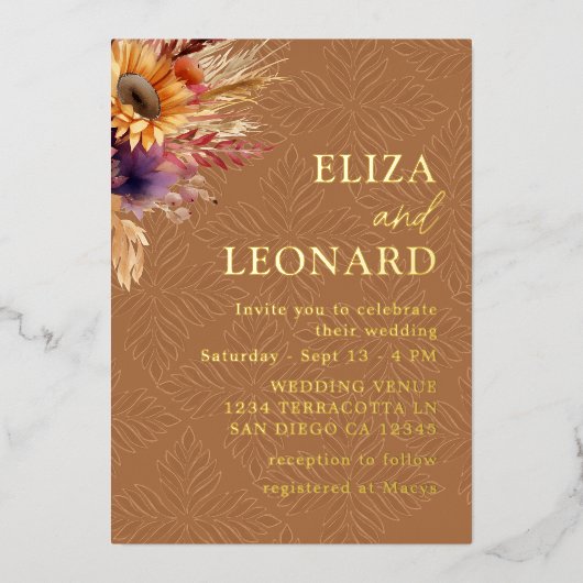 Boho Zonnebloem Pampas Gras Huwelijk Folie Uitnodiging (Voorkant)