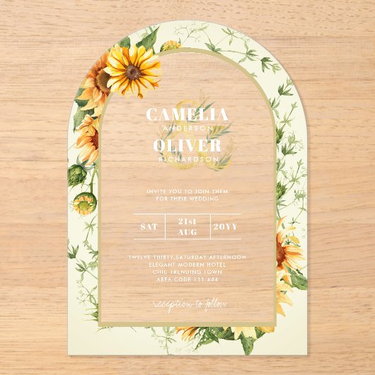 Boho Zonnebloemen Acryl Clear Modern Rustiek Acryl Uitnodigingen (Voorkant)